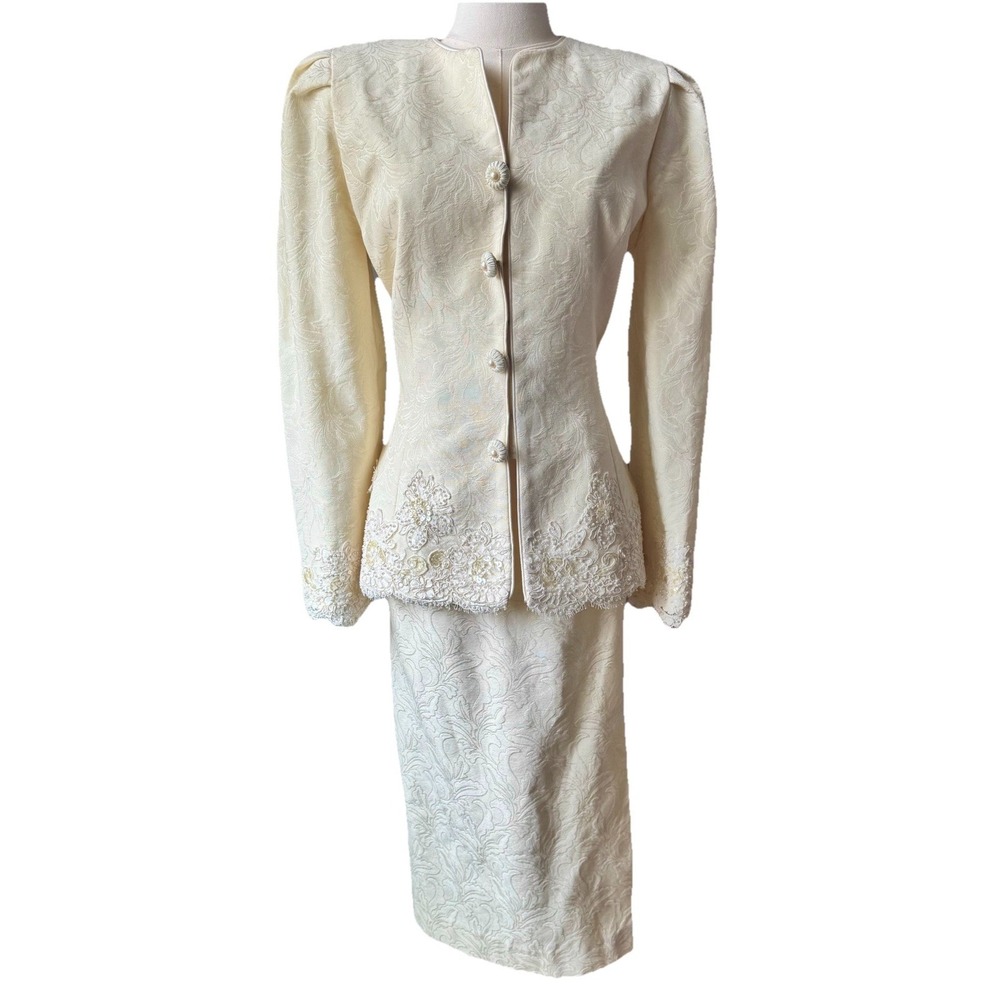 Karen Lawrence Ivory Beaded Lace Skirt Suit 12 Formal Wedding Evening